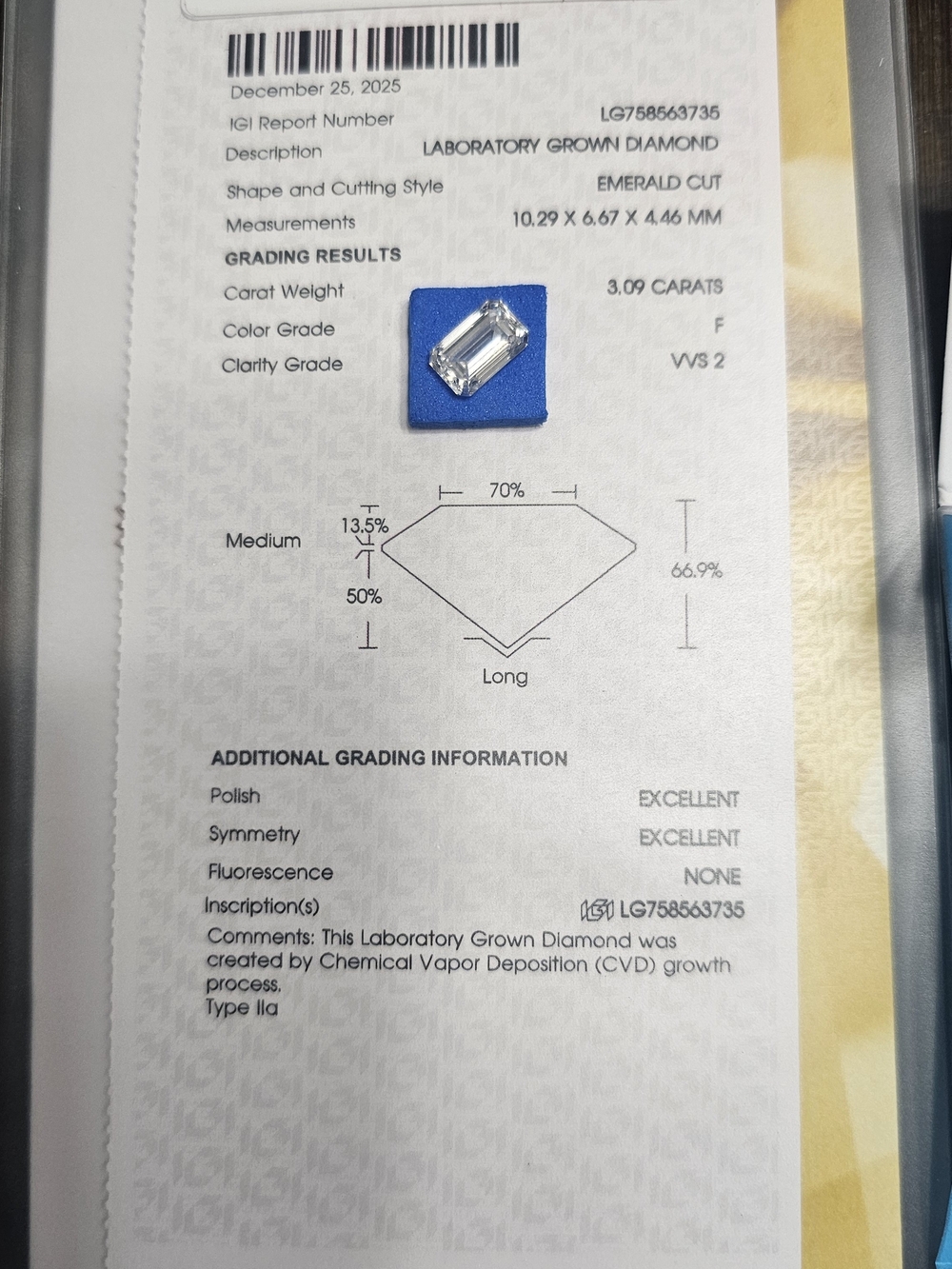 Laboratory Grown Diamond Emerald Cut 3.09 Carat - Blue Display